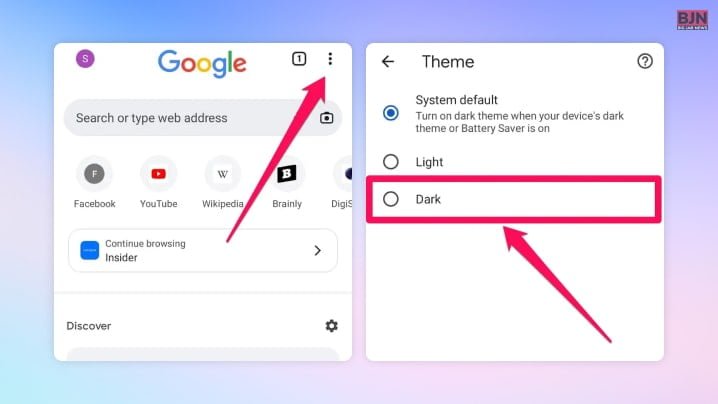 The Process Of Setting The Dark Mode Chrome Browser On An Android Device